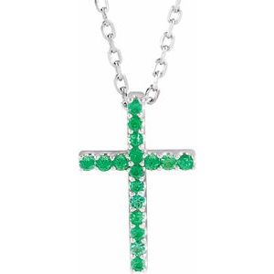 14K White Natural Emerald Petite Cross 16  Necklace Supply